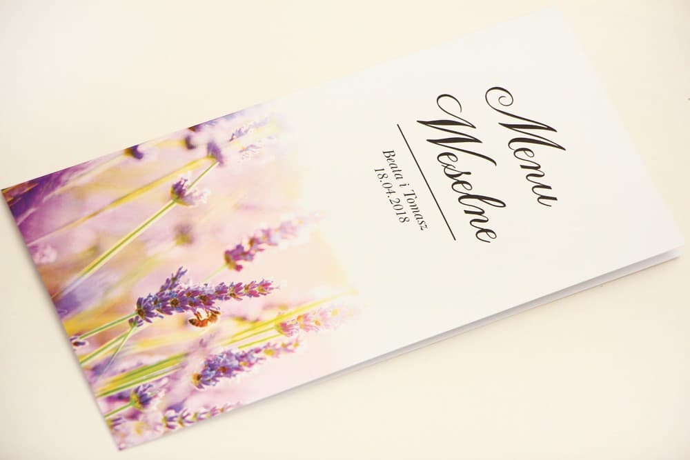 Menu Weselne z Lawendą Personalizowane | Fioletowe Menu na Stół Weselny w Stylu Rustykalnym | Elegant nr 28