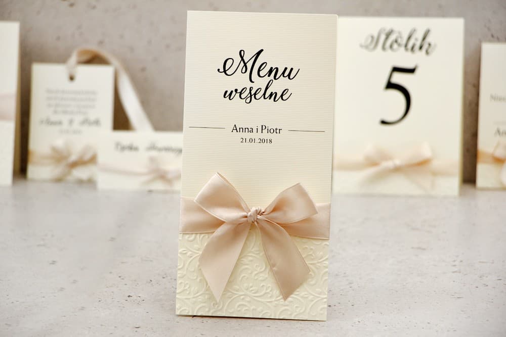 Eleganckie menu weselne z kokardką, składane, na stół | Personalizowana karta dań | Belisa nr 5