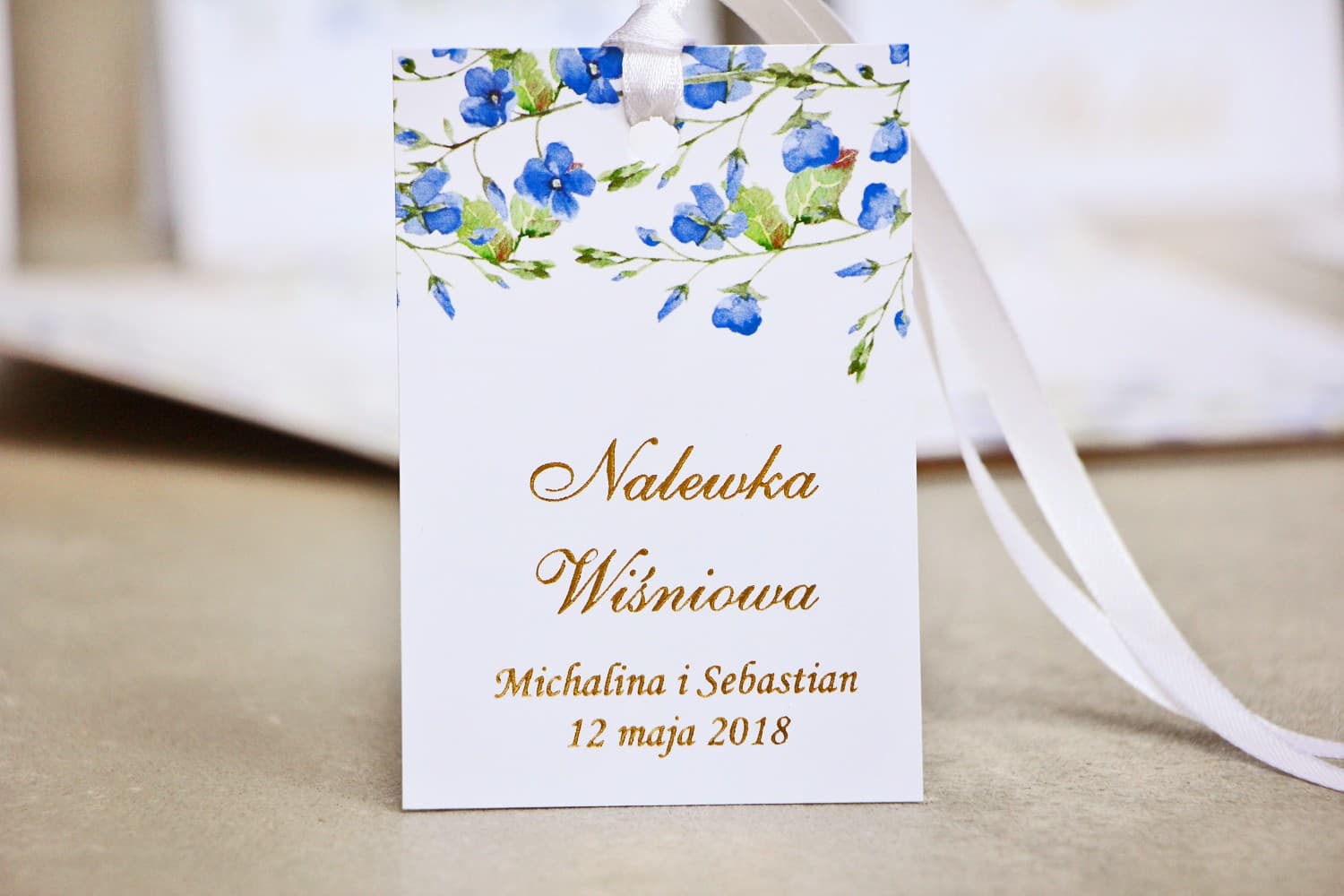 Złocone Zawieszki na Wódkę Akwarela Niezapominajki | Etykiety na Alkohol Weselny, Własny Tekst | Sorento nr 4