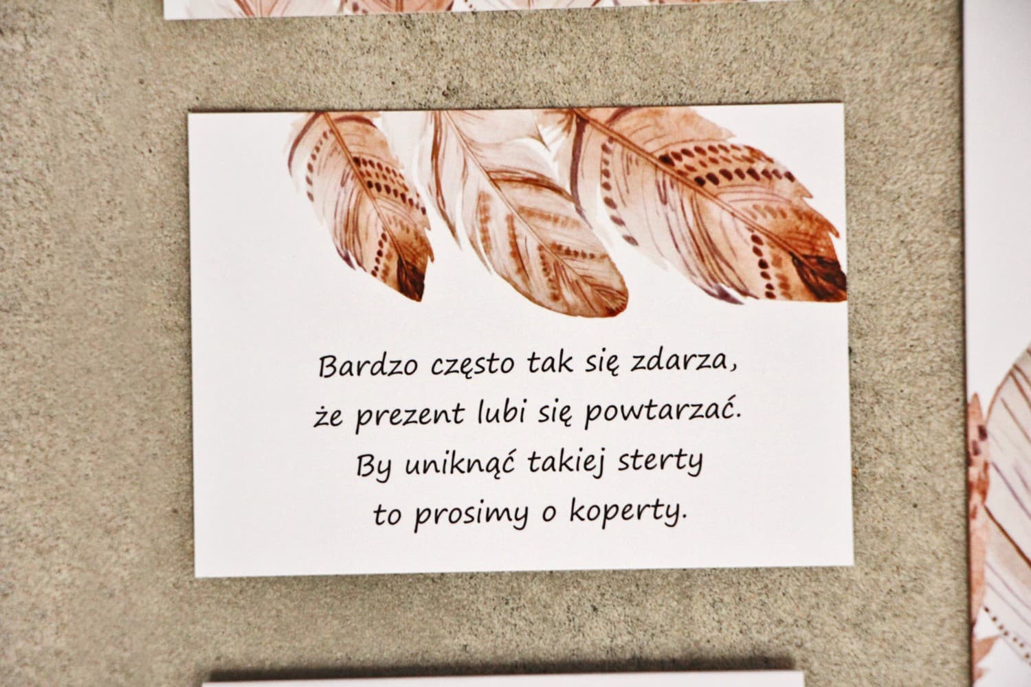 Bilecik do zaproszeń boho z piórkami | Wkładka ślubna z prośbą o pieniądze | Sorento nr 10