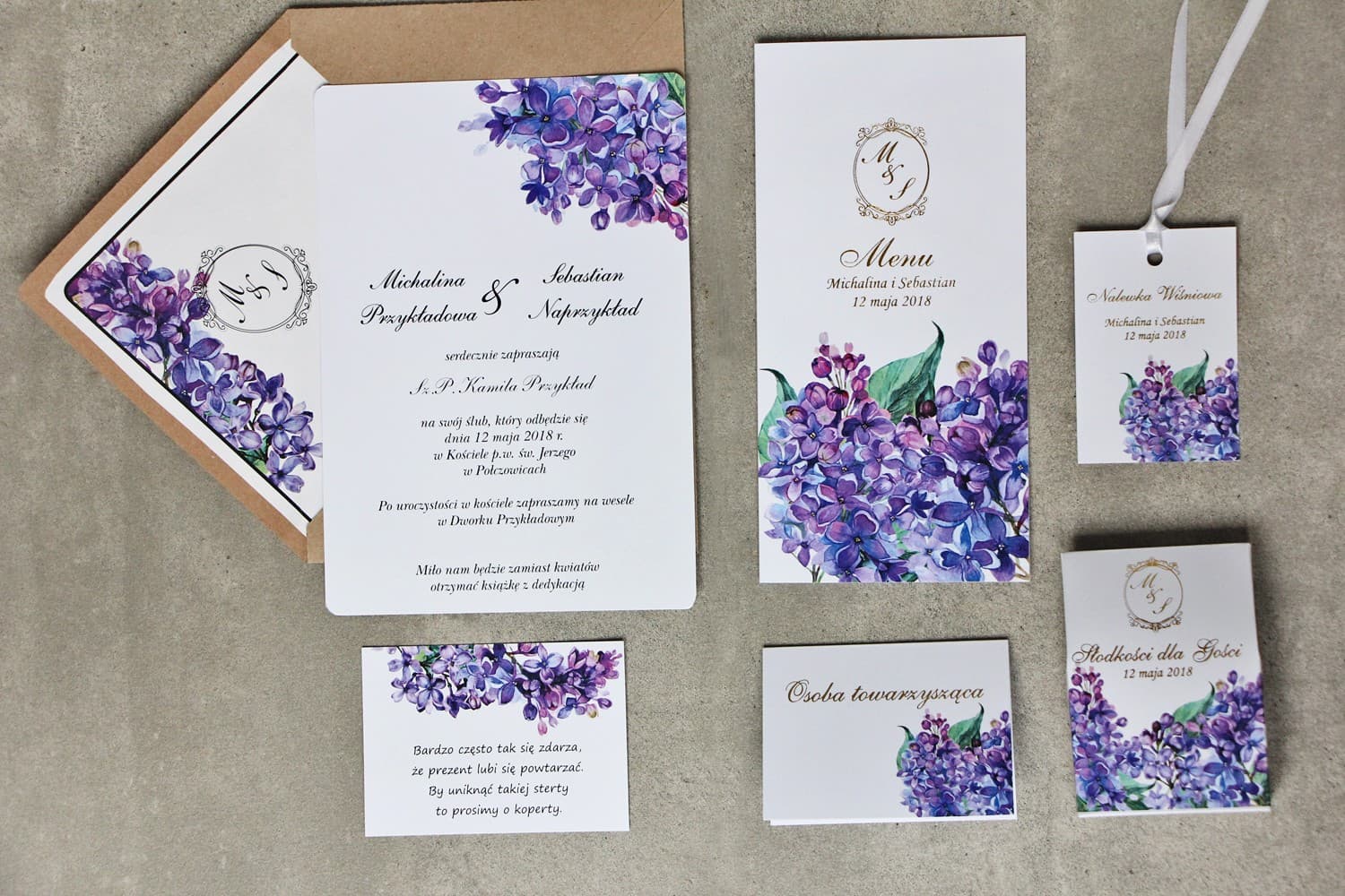 Próbki Zaproszeń Ślubnych Fioletowy Bez Złocone | Zestaw Próbek Papeterii Ślubnej | Sorento nr 11