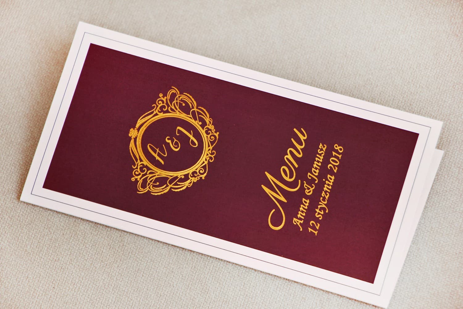 Złocone Menu Weselne w Kolorze Wina | Eleganckie Bordowe Menu na Stół Glamour | Sonata nr 6