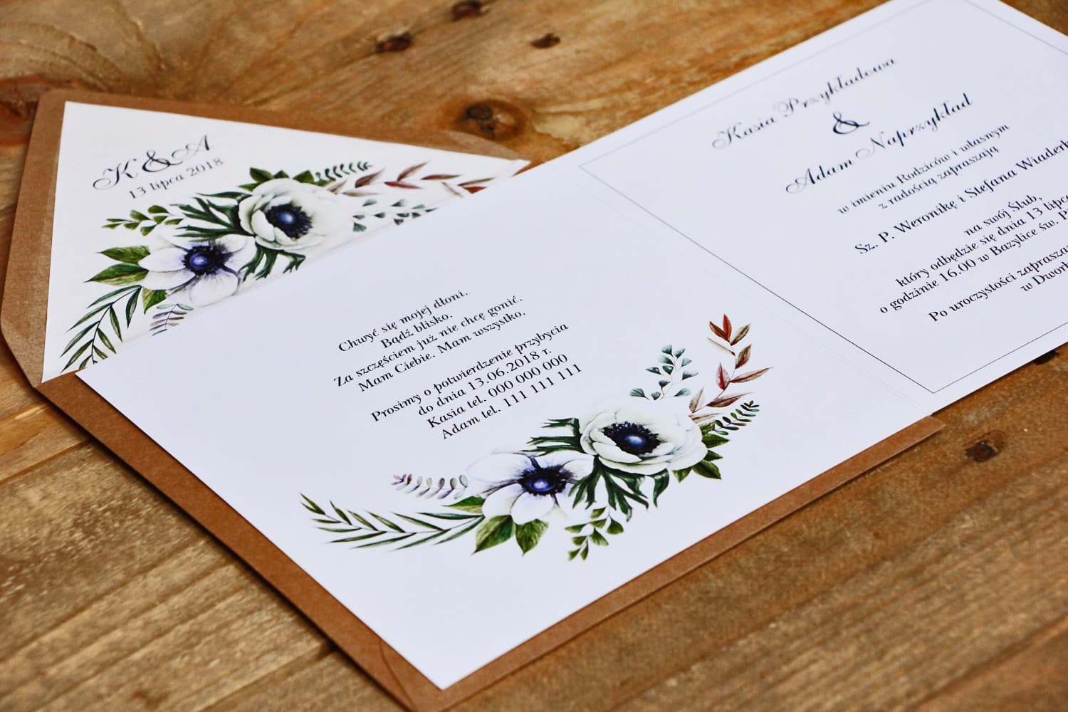 Zaproszenia ślubne boho z anemonami i ekologiczną kopertą – Kalia nr 3 - 4