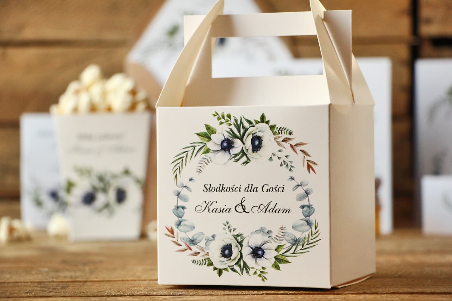 Pudełka na Ciasto Weselne z Rączką, Botaniczny Wianek | Opakowania dla Gości | Kalia nr 3