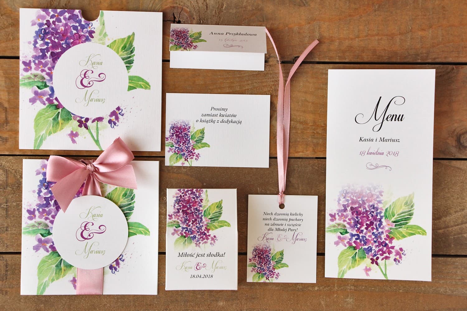 Zaproszenia ślubne akwarelowe z fioletowym bzem w etui – Malowane Kwiaty nr 4