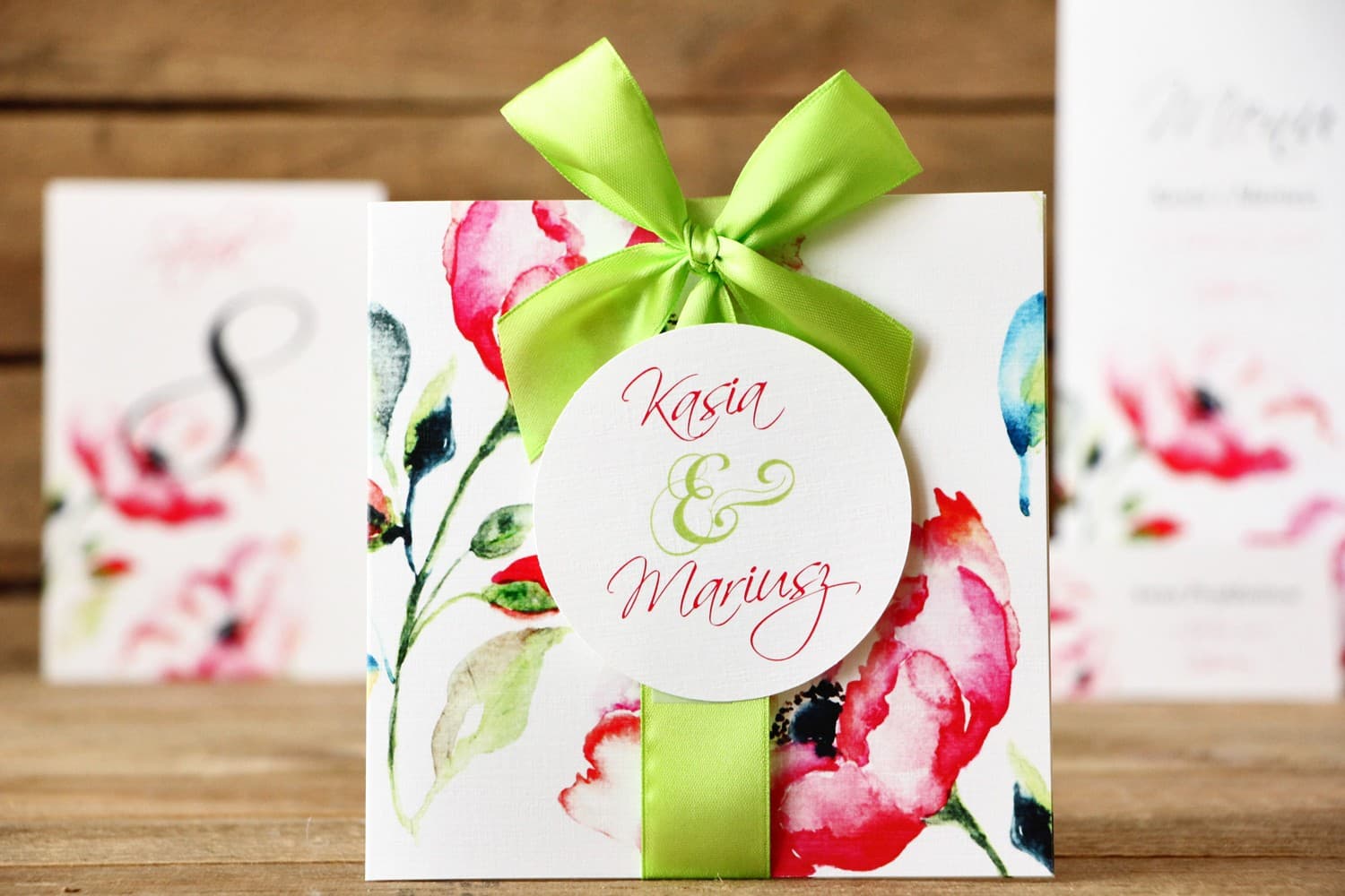 Zaproszenia ślubne kwadratowe w etui z anemonami i kokardką – Malowane Kwiaty nr 6 - 3