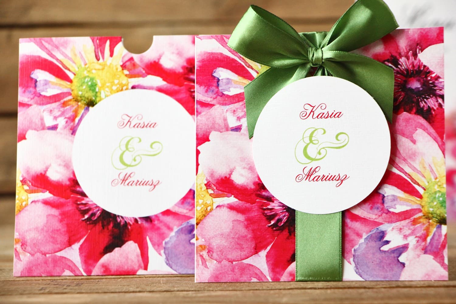 Zaproszenia ślubne w etui z różowymi kwiatami i kokardką Malowane Kwiaty nr 7 - 3