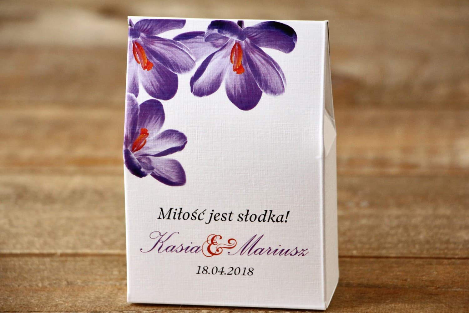 Pudełeczka podziękowania dla gości fioletowe kwiaty krokusy | Słodkie upominki weselne | Malowane Kwiaty nr 10