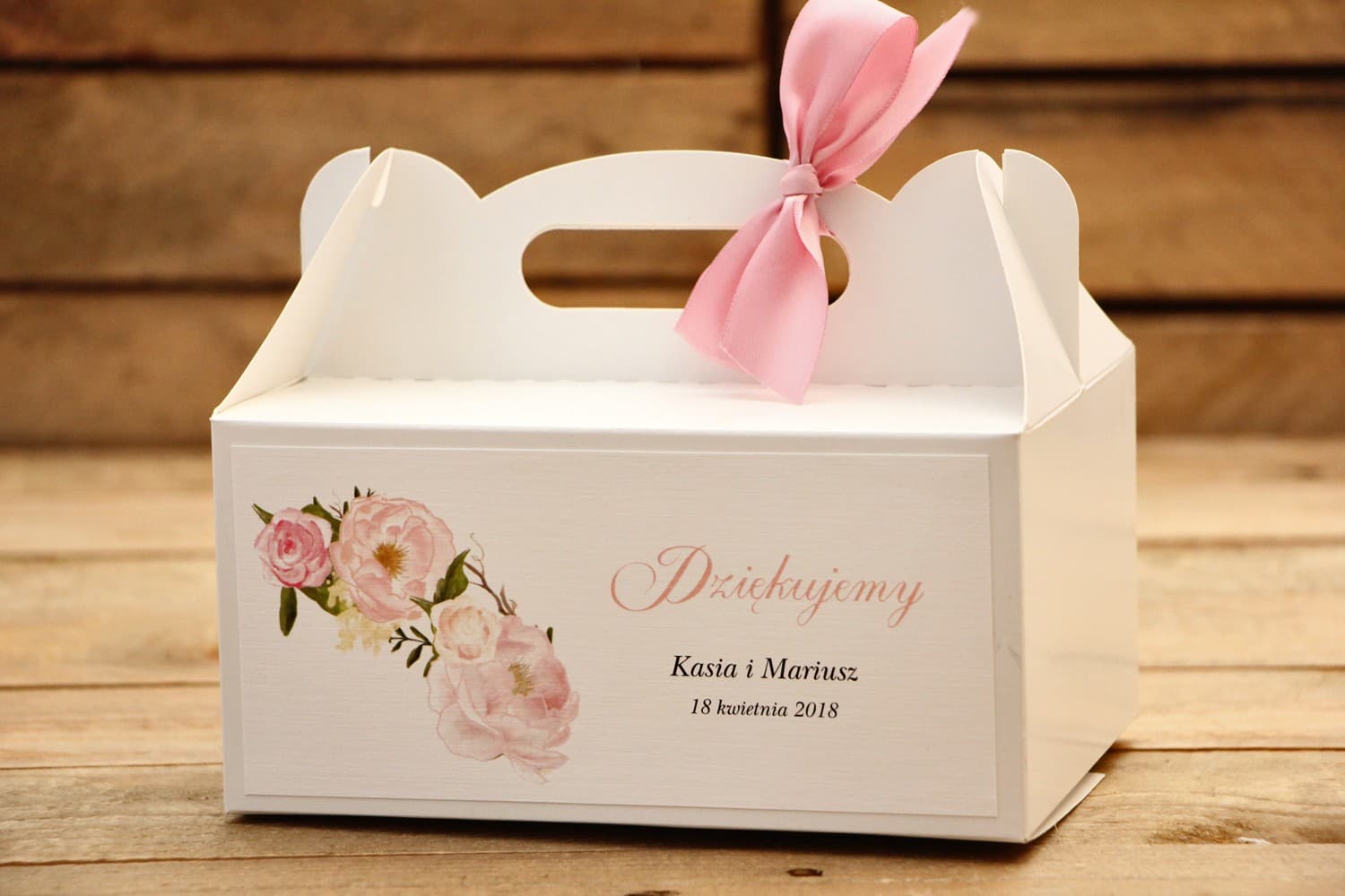 Pudełko na Ciasto Weselne z Rączką, Kwiaty Piwonii | Podziękowania dla Gości | Malowane Kwiaty nr 12