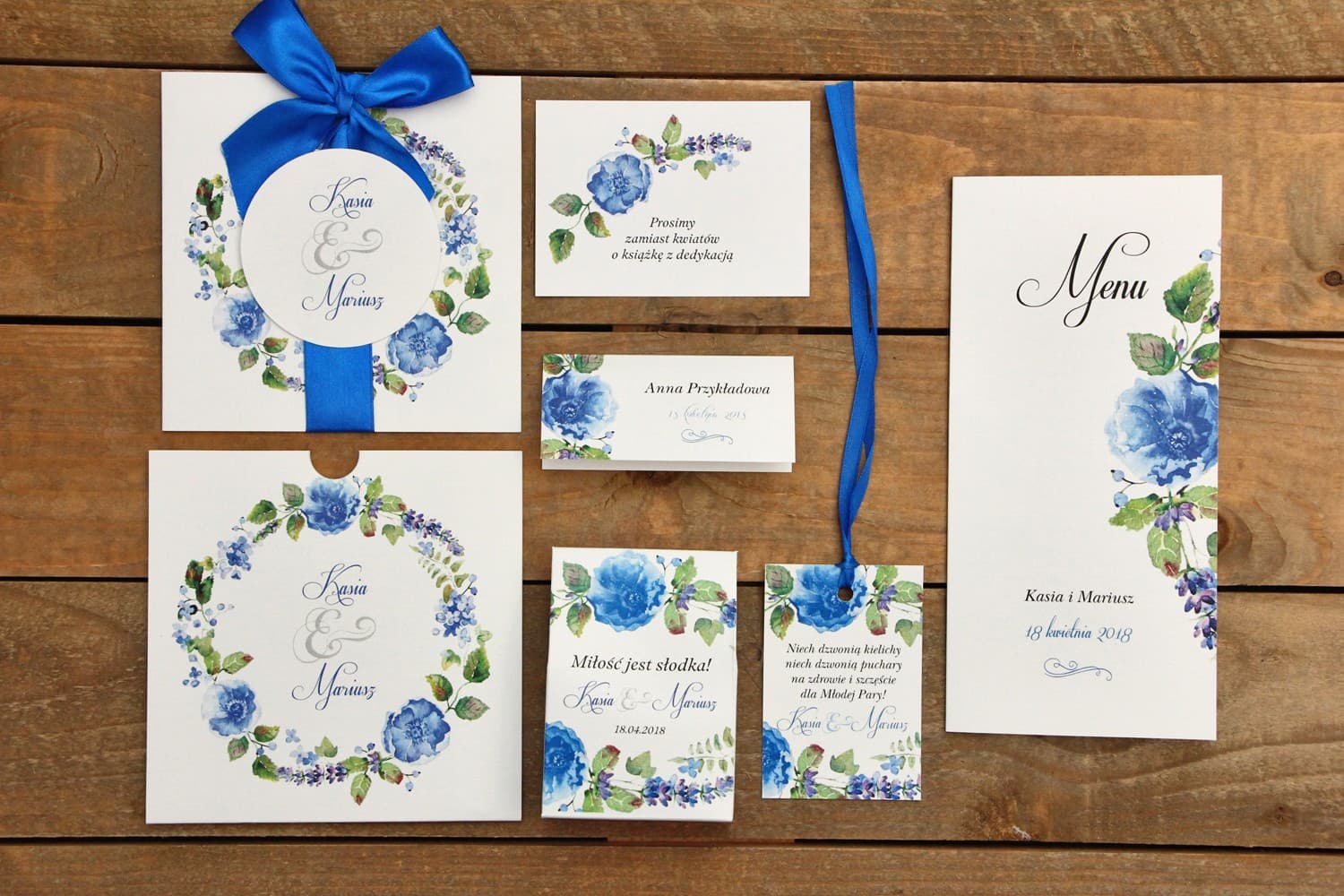 Zaproszenia ślubne kwadratowe w etui z chabrami i satynową kokardką – Malowane Kwiaty nr 13 - 2