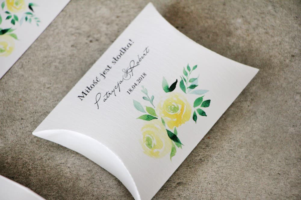 Pudełeczko Poduszeczka z Żółtymi Różami Akwarela, Personalizowane | Słodkie Podziękowania dla Gości Weselnych | Pistacjowe nr 9