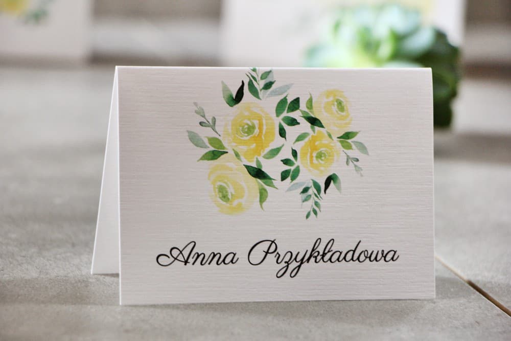 Winietki Ślubne Pistacjowe nr 9 – Lniane Wizytówki na Stół z Akwarelową Różą