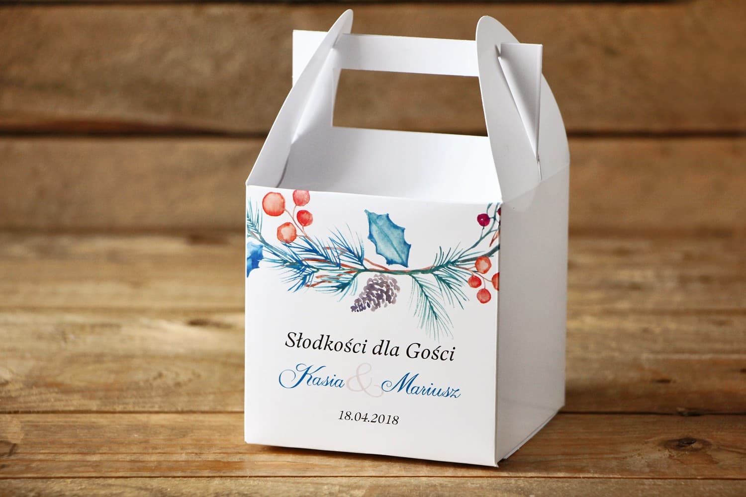Pudełka na Ciasto Weselne z Uchwytem Zimowe | Podziękowania dla Gości | Malowane Kwiaty nr 24