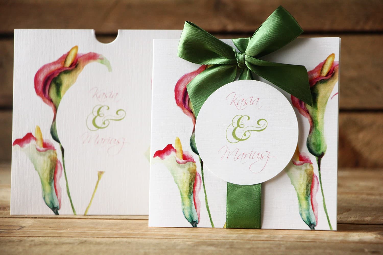 Zaproszenia ślubne z różanymi kaliami na białym papierze lnianym – Malowane Kwiaty nr 25 - 3