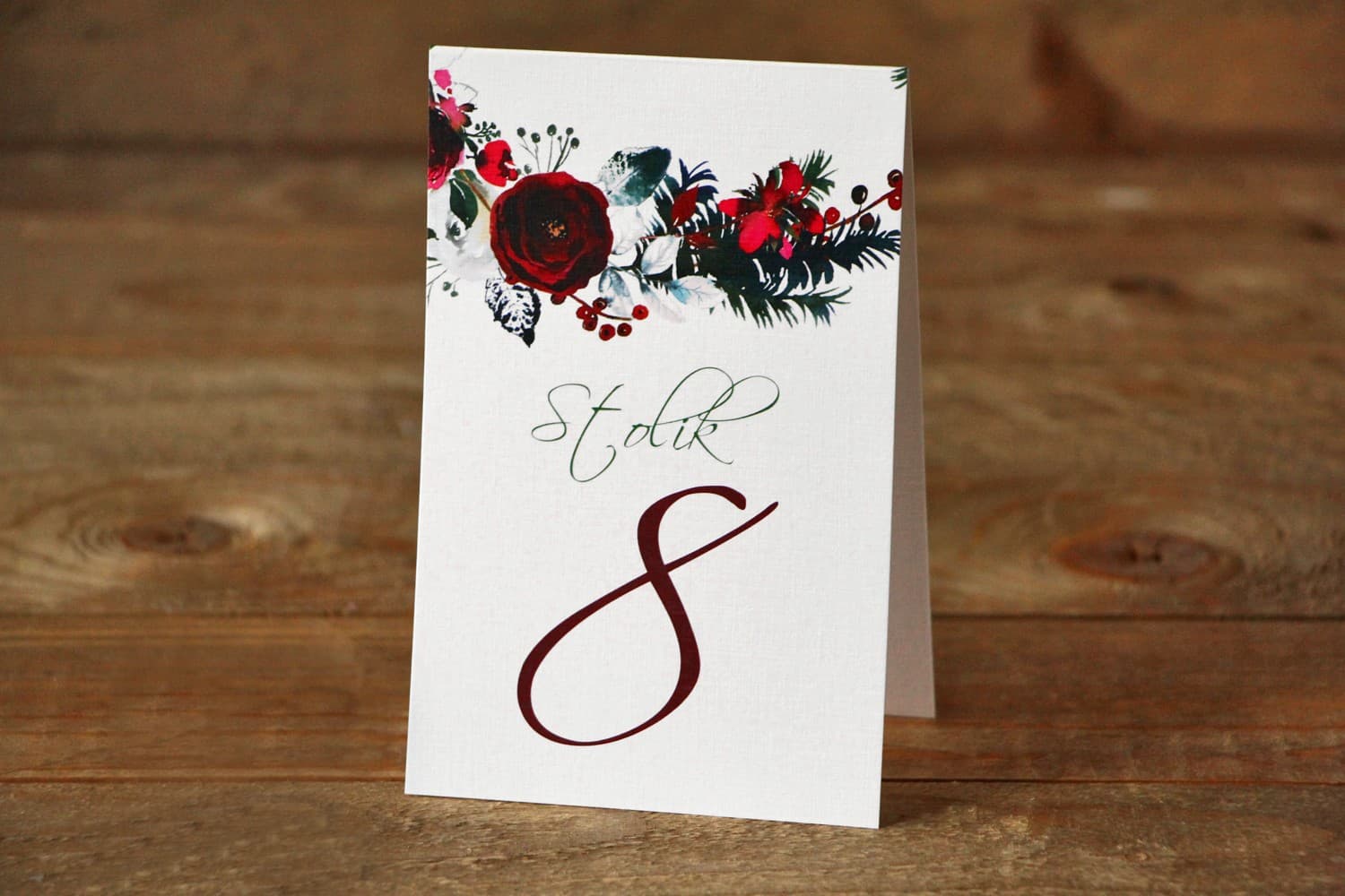 Zimowe Numery na Stół Weselny Kwiaty Róże Jarzębina | Numerki na Stół Weselny | Malowane Kwiaty nr 27