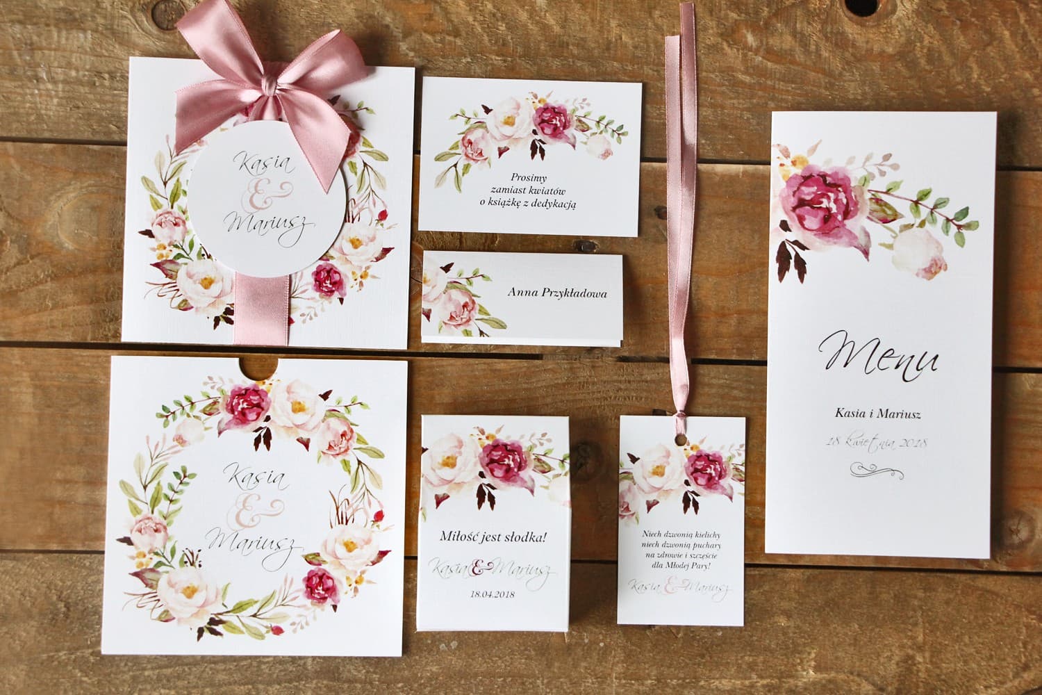 Zaproszenia ślubne z piwoniami w etui z satynową kokardką – Malowane Kwiaty nr 28