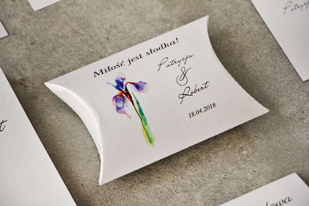 Pudełeczka Poduszeczki z Fioletowym Irysem Akwarela | Podziękowania dla Gości Weselnych, Upominki na Stoły | Irys nr 10