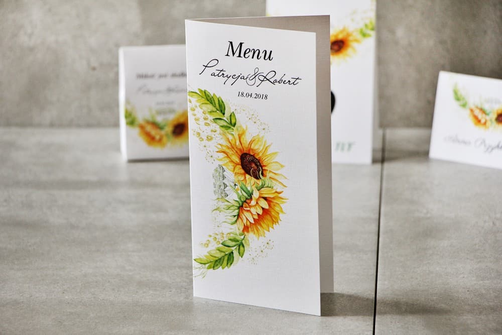 Menu Weselne ze Słonecznikami, Rustykalna Karta Dań na Stół | Personalizowane Menu na Wesele Boho | Słoneczniki nr 13