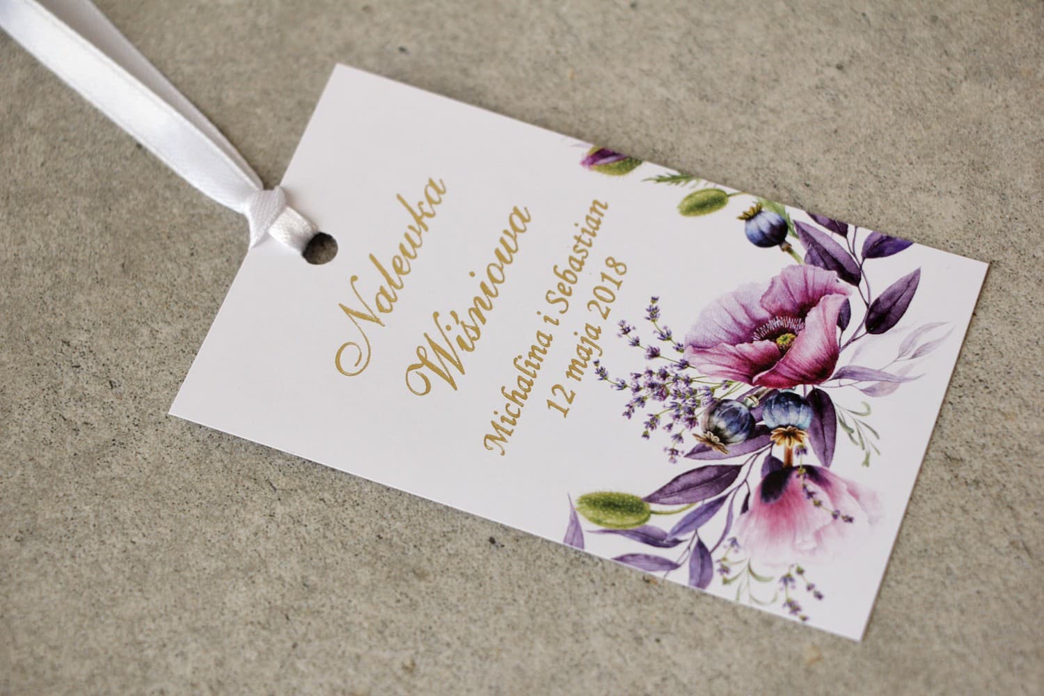 Złocone Zawieszki na Wódkę Fioletowe Maki Lawenda | Eleganckie Przywieszki na Alkohol Weselny | Sorento nr 15