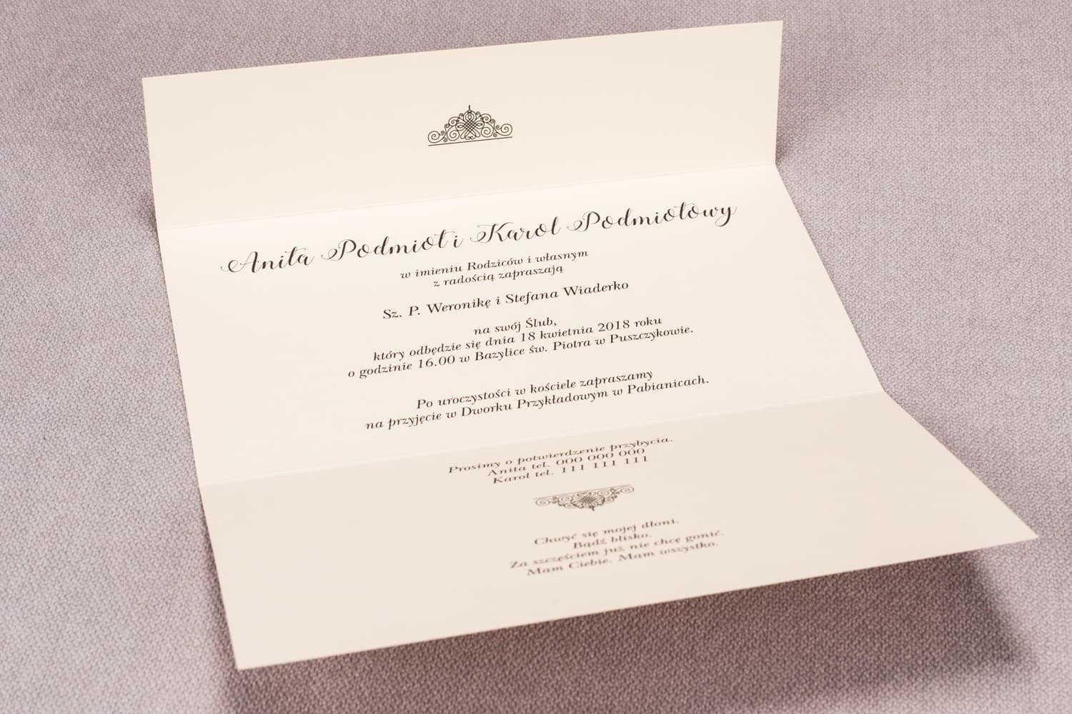 Zaproszenia ślubne fioletowe z elegancką kokardą i ornamentami – Madras nr 8 - 2