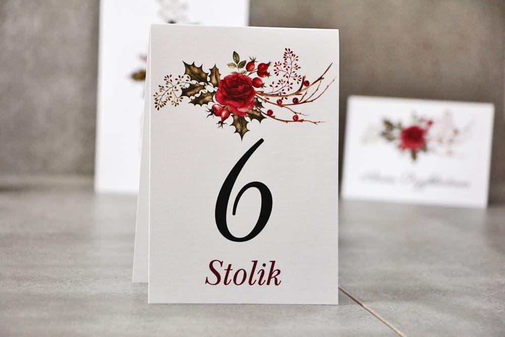 Numerki na Stół Zimowe, Świąteczne z Różą i Jemiołą | Elegancka Numeracja Stołów Weselnych | Pistacjowe nr 14