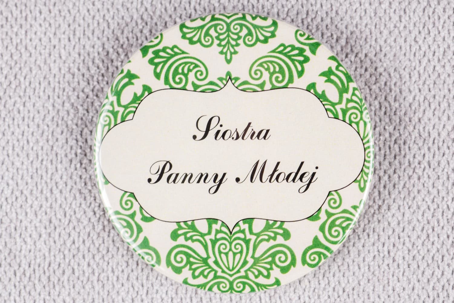 Przypinki Weselne z Zielonym Ornamentem, Identyfikatory | Eleganckie Kotyliony dla Gości | Madras nr 3