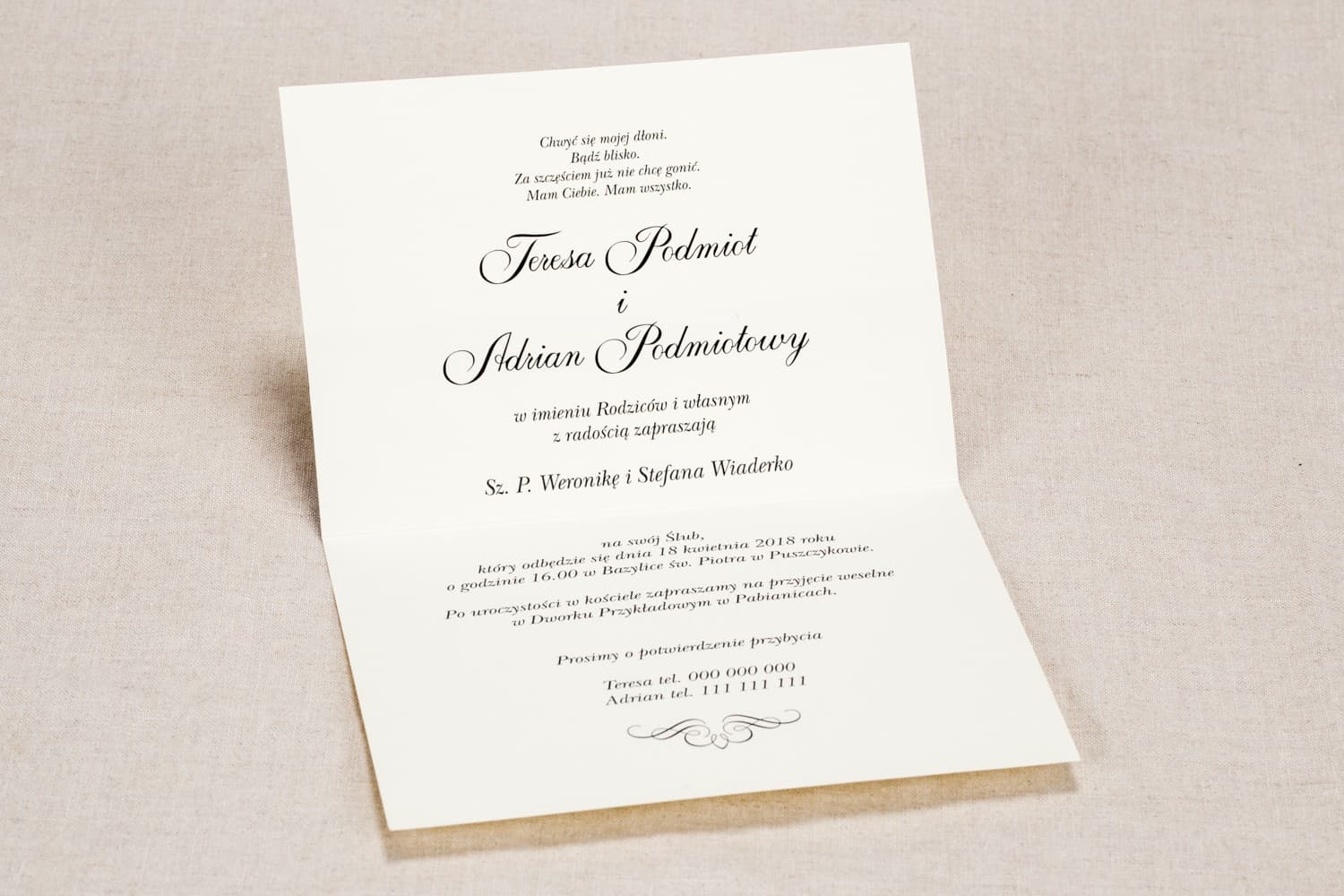 Zaproszenia ślubne klasyczne z brązową koronką i kokardką na papierze len – Klaris nr 6 - 2