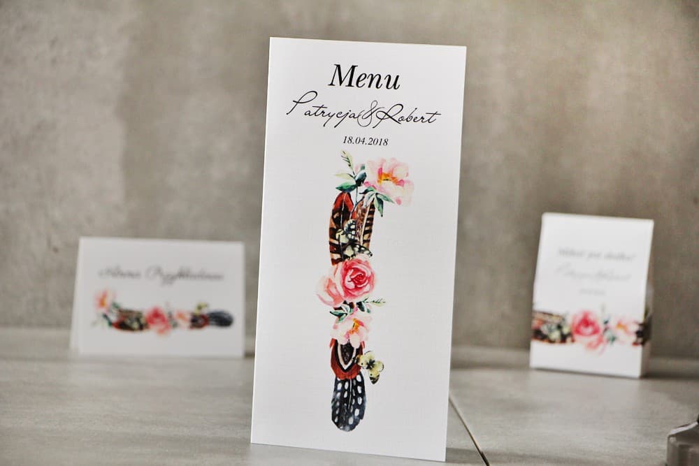 Menu Weselne Składane z Motywem Wianka Boho, Piór i Motyli | Elegancka Karta Menu na Stół Weselny | Menu Pistacjowe nr 16