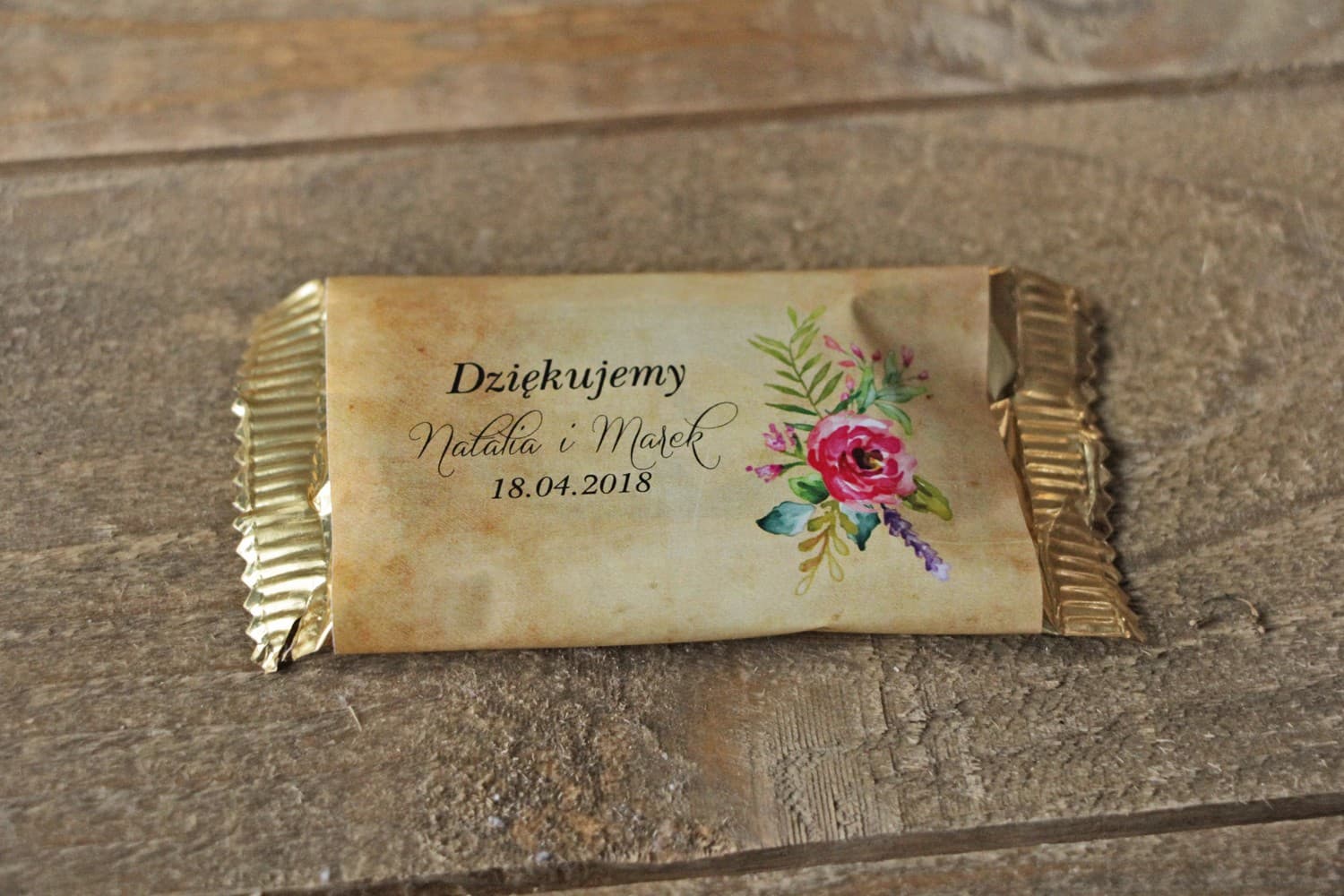 Czekoladki Ślubne Rustykalne z Różowymi Kwiatami Boho | Podziękowania dla Gości | Karmelowe nr 1