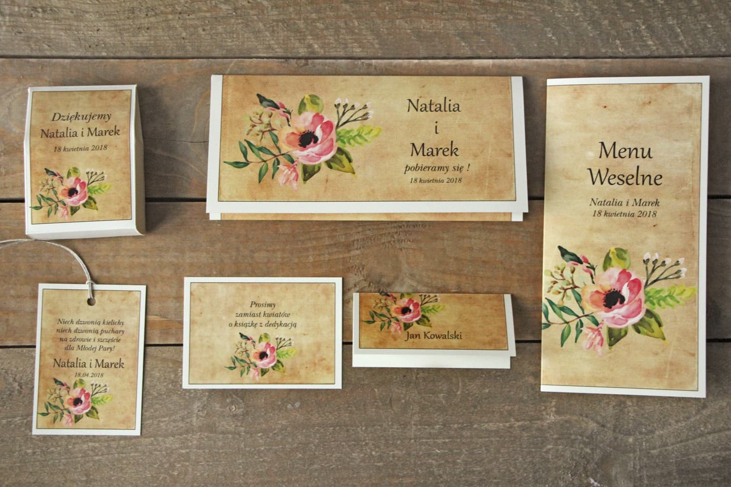 Zaproszenia ślubne boho z różowymi kwiatami na papierze lnianym – Karmelowe nr 2 - 3