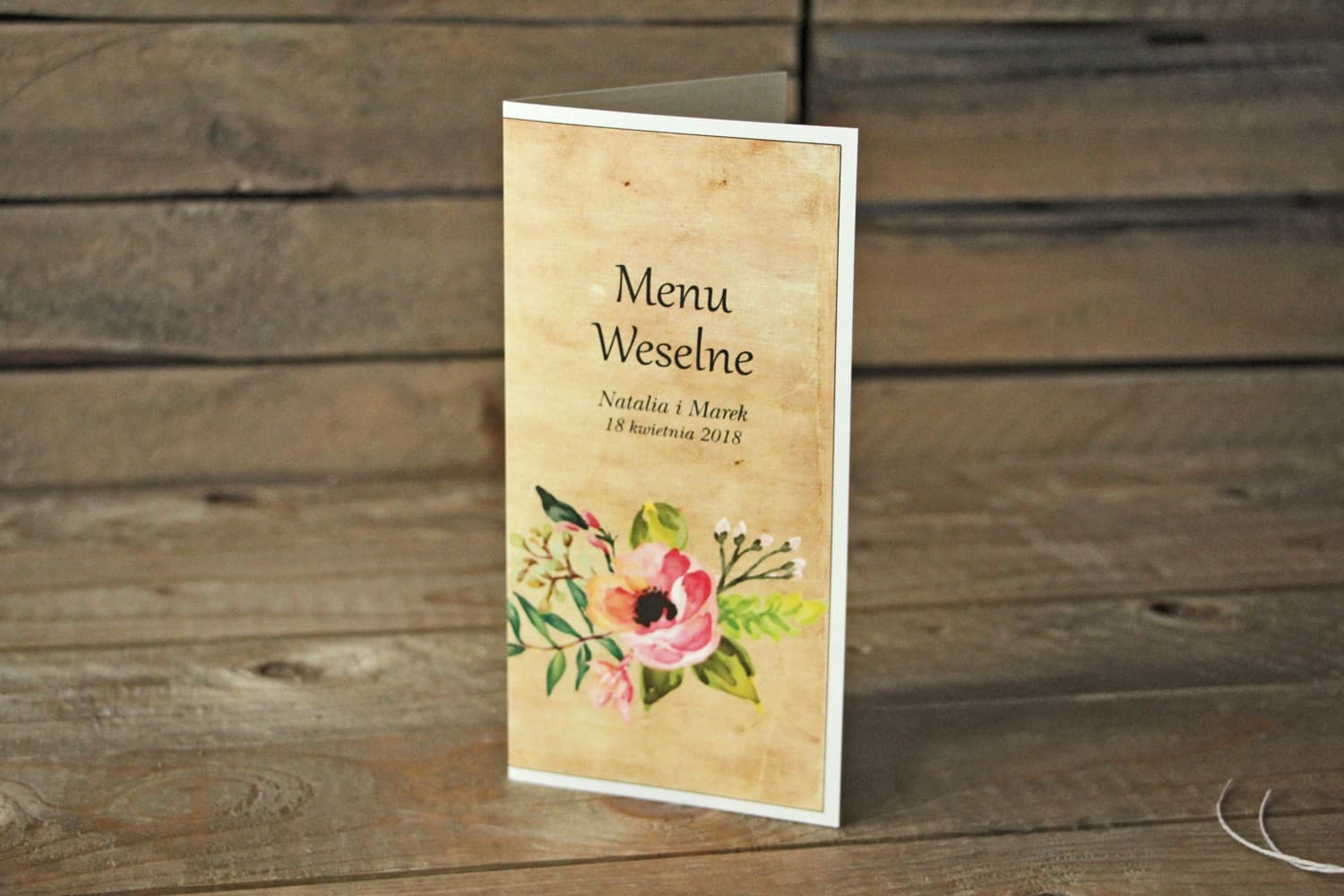 Rustykalne Menu Ślubne z Różowymi Kwiatami | Składane Menu Weselne na Stół Boho | Karmelowe Nr 2