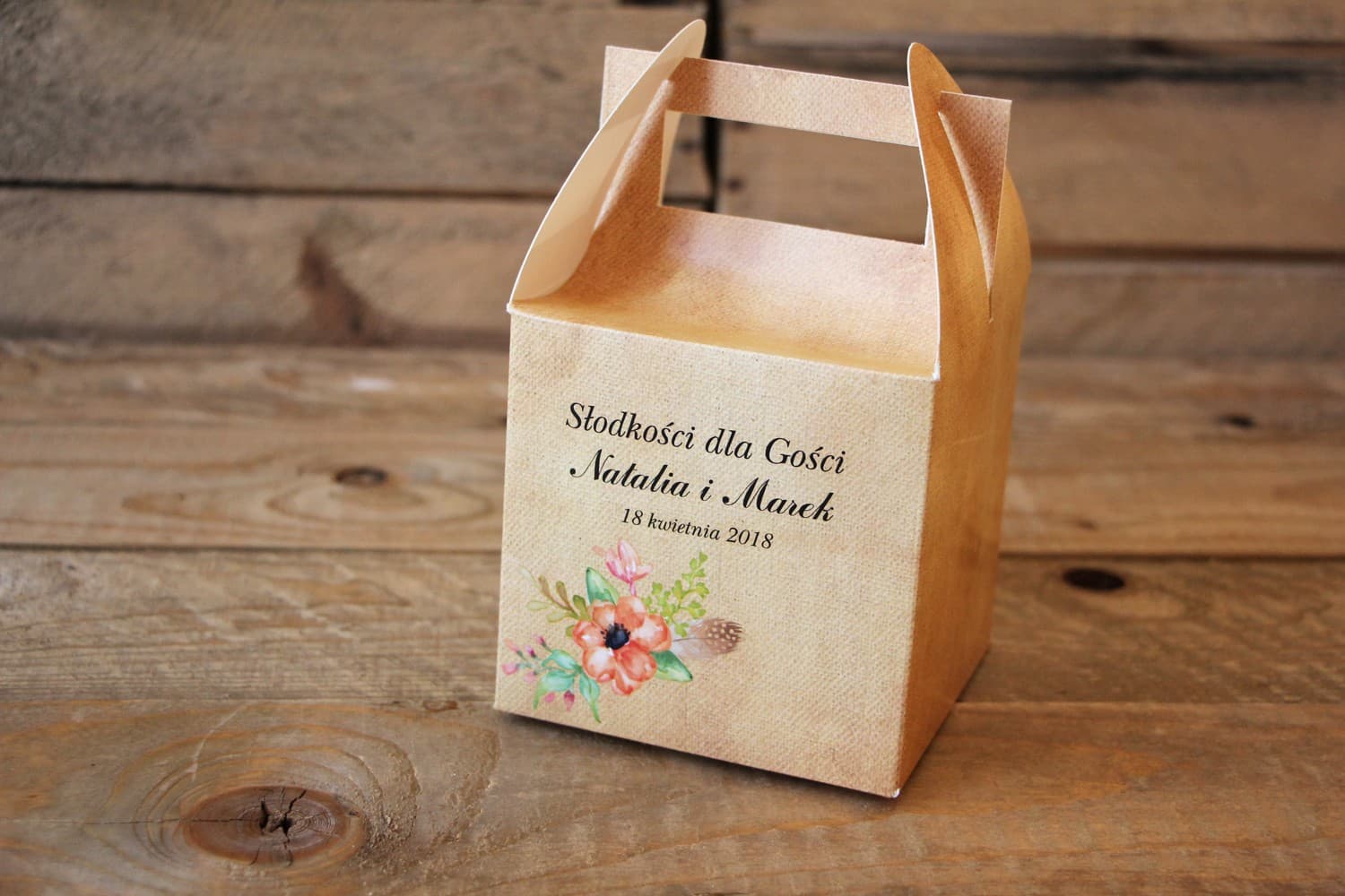 Rustykalne Pudełka na Ciasto Weselne z Uchwytem | Opakowania na Słodkości dla Gości Boho | Karmelowe nr 4