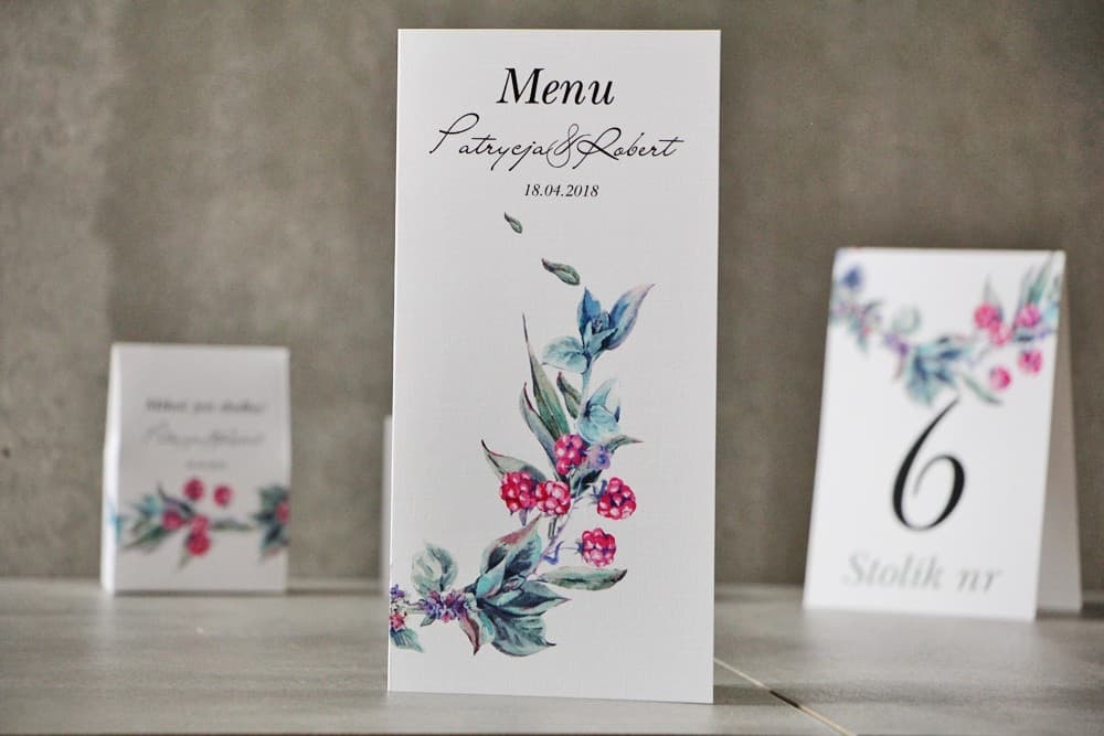 Menu Weselne Leśne z Jeżynami i Ostami, Składane na Stół | Eleganckie Karty Menu na Wesele | Pistacjowe nr 17