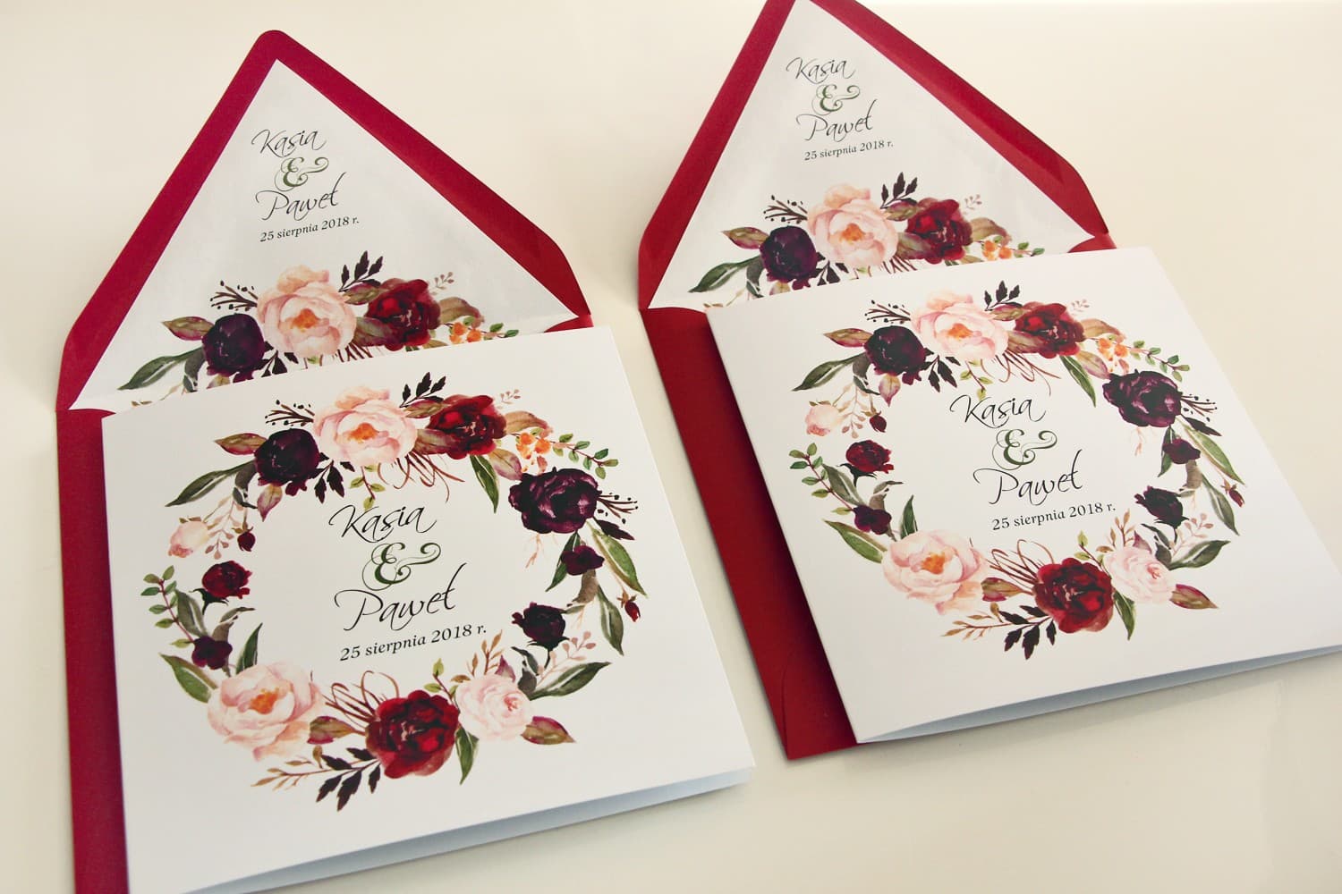 Zaproszenia ślubne boho w bordowe róże i piwonie z eko kopertą Kalia nr 9 - 2
