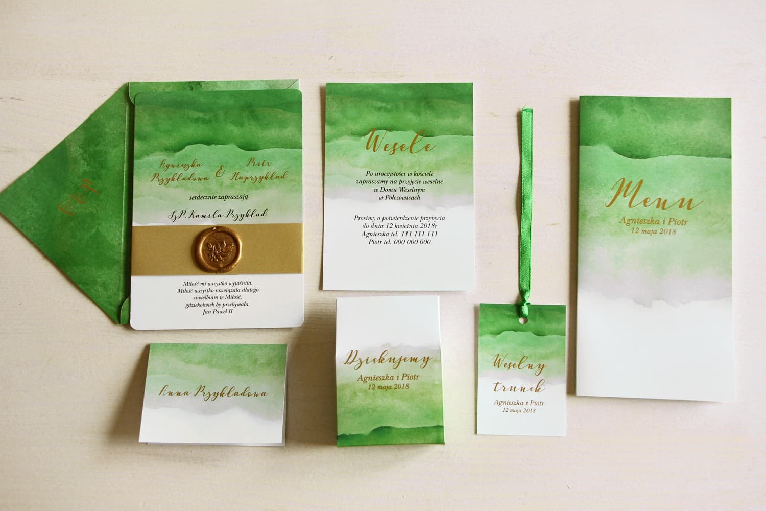 Zaproszenia ślubne glamour z zieloną akwarelą, złoceniem i lakiem Delfina nr 4 - 2