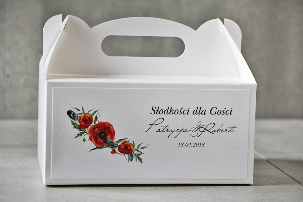 Personalizowane pudełka na ciasto z makami, z rączką | Opakowania na ciasto weselne dla gości | Pistacjowe nr 19