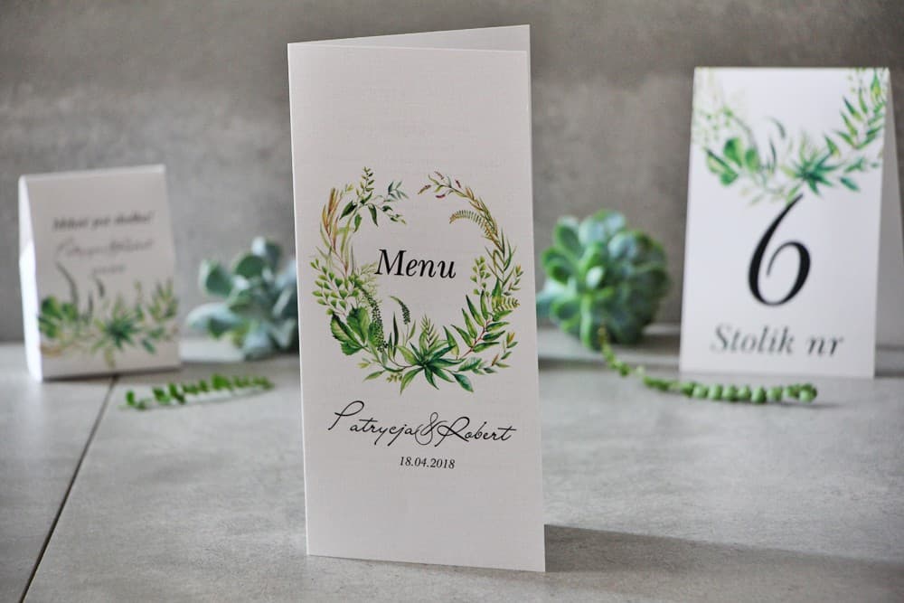 Botaniczne menu weselne z wiankiem z liści na papierze lnianym | Elegancka karta menu na stół weselny | Pistacjowe nr 20