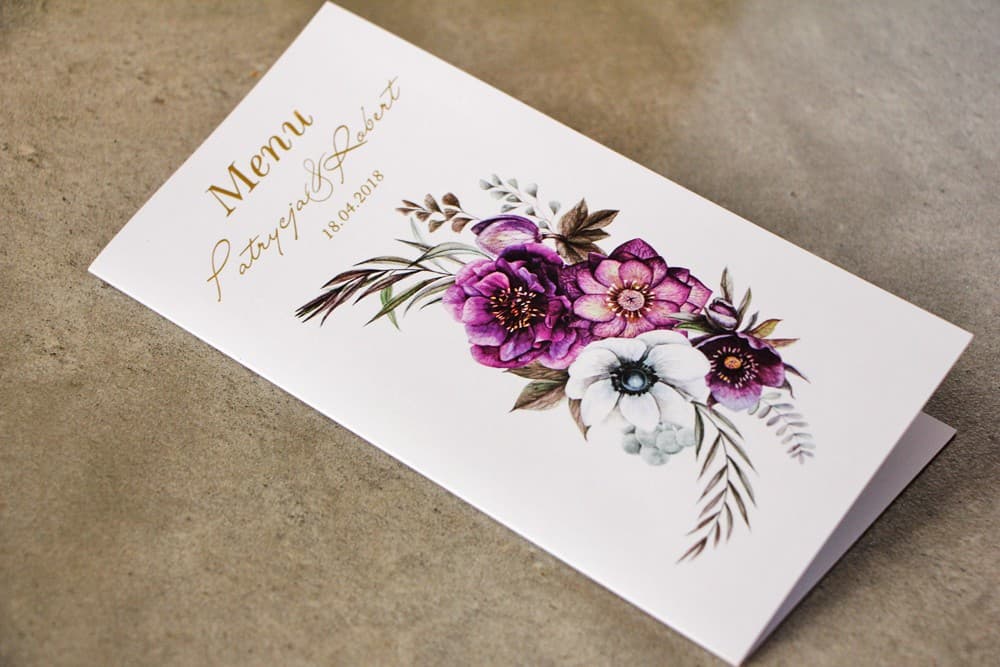 Menu Weselne Złocone Fioletowe Kwiaty, Karta Dań na Stół | Eleganckie Menu Ślubne Personalizowane | Cykade nr 1