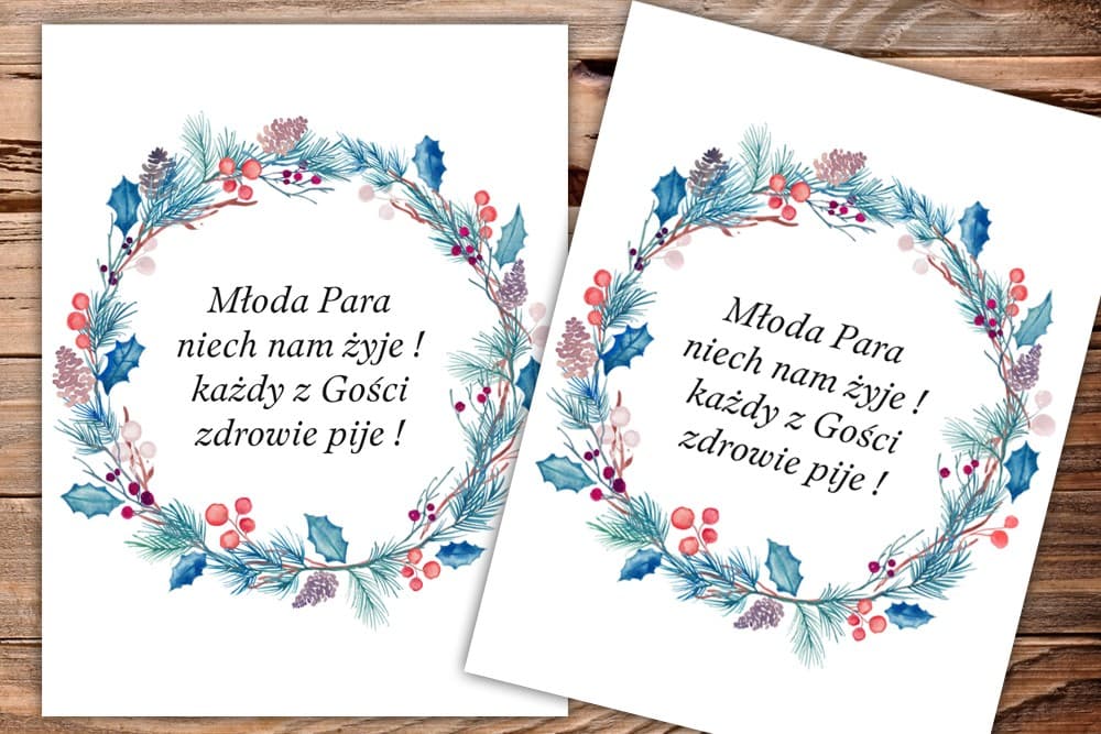 Zimowe Etykiety na Wódkę Weselną Świąteczne | Personalizowane Naklejki na Alkohol | Akwarele nr 15