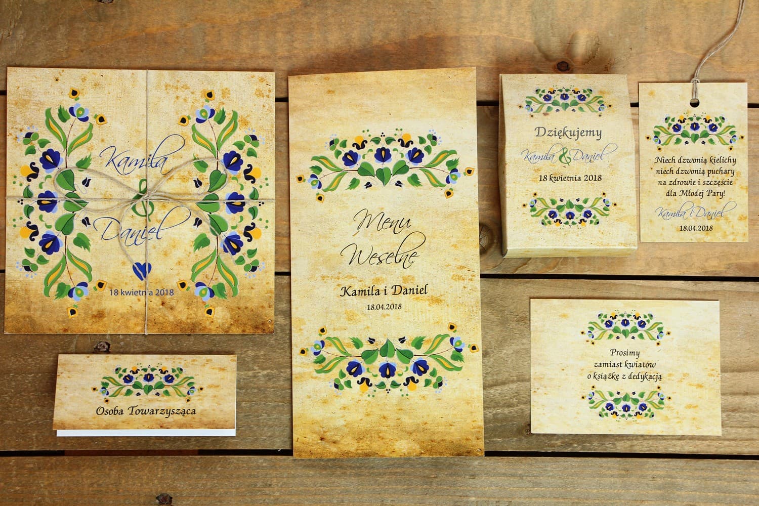 Zaproszenia ślubne folkowe z kaszubskim wzorem i sznurkiem – Folk nr 2 - 3