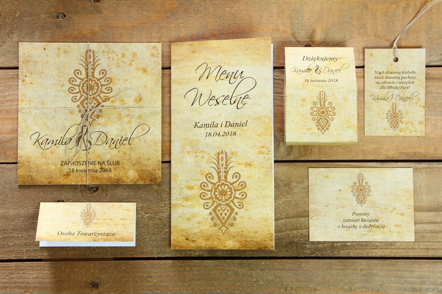 Zaproszenia ślubne folkowe z parzenicą i naturalnym sznurkiem Folk nr 6 - 3