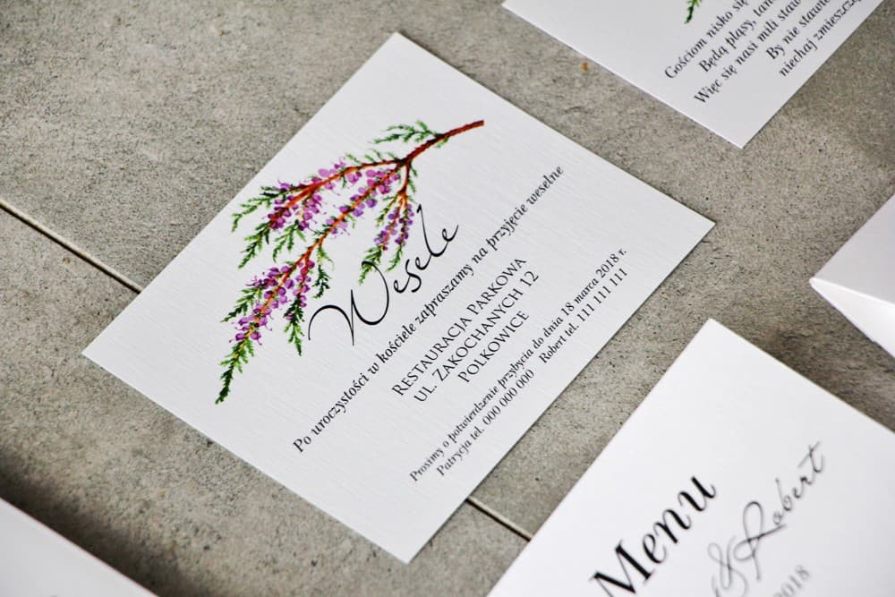 Wkładki do Zaproszeń Ślubnych Wrzos, Bileciki z Prośbą Zamiast Kwiatów, RSVP | Fioletowy Motyw | Pistacjowe nr 22