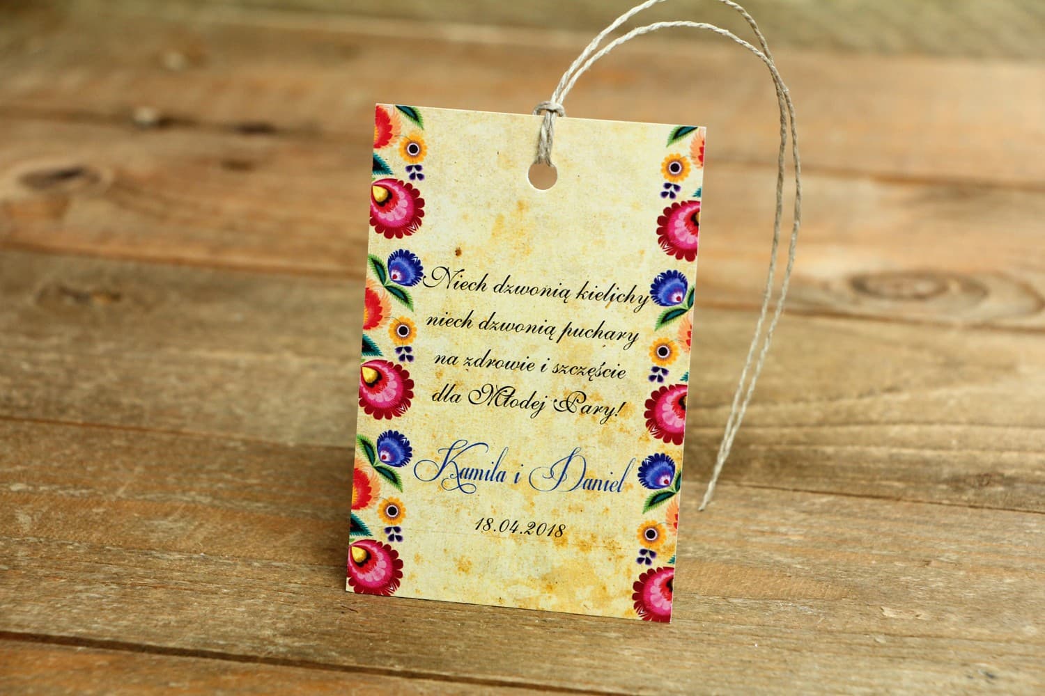 Ludowe Zawieszki na Wódkę z Wierszykiem, Wycinanka Łowicka | Zawieszki na Alkohol Weselny Folk | Folk nr 4