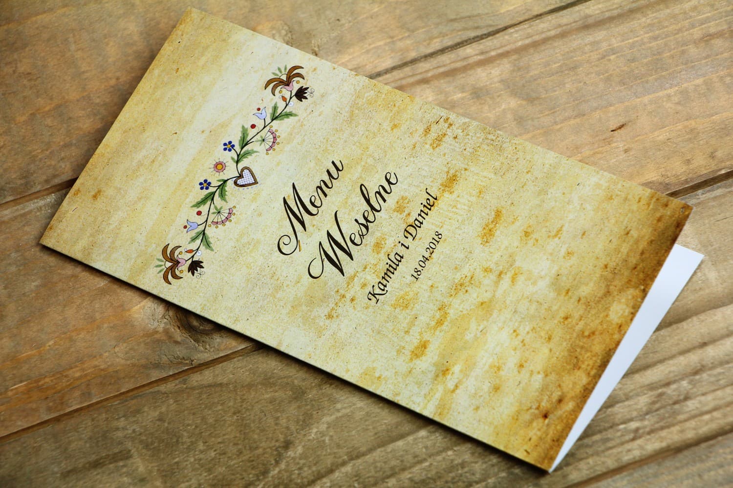 Rustykalne Menu Weselne z Ludową Girlandą Kwiatową | Karta Dań na Wesele | Folk nr 3