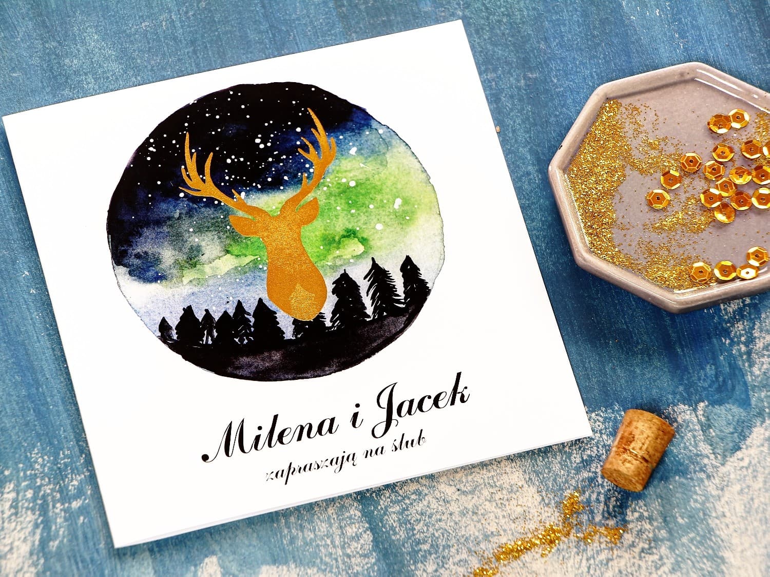 Zaproszenia ślubne glamour granatowe ze złotym jeleniem – Księżycowa Noc nr 7