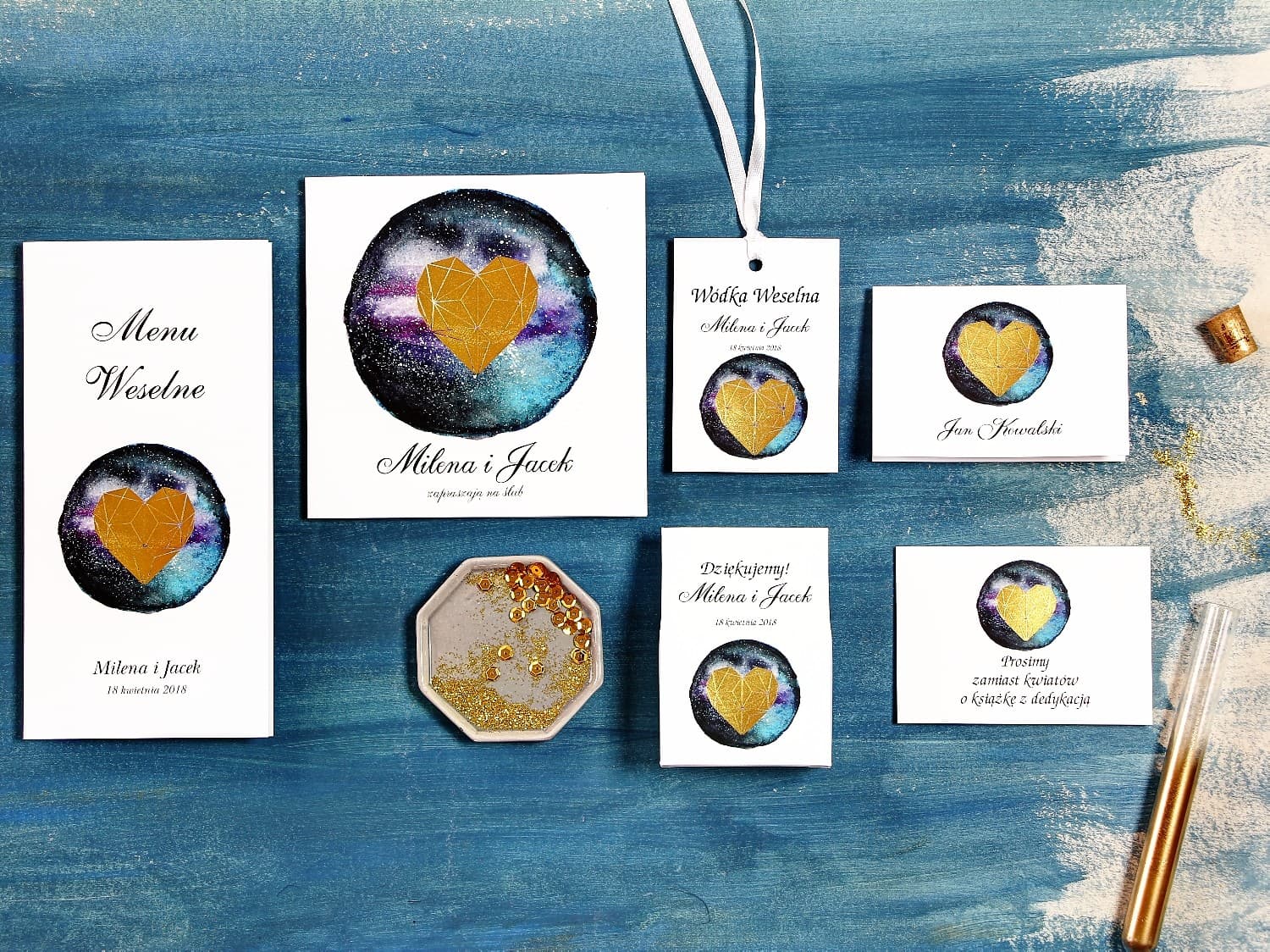 Próbki Zaproszeń Ślubnych Granatowe Złocone | Zestaw Papeterii | Księżycowa Noc nr 3