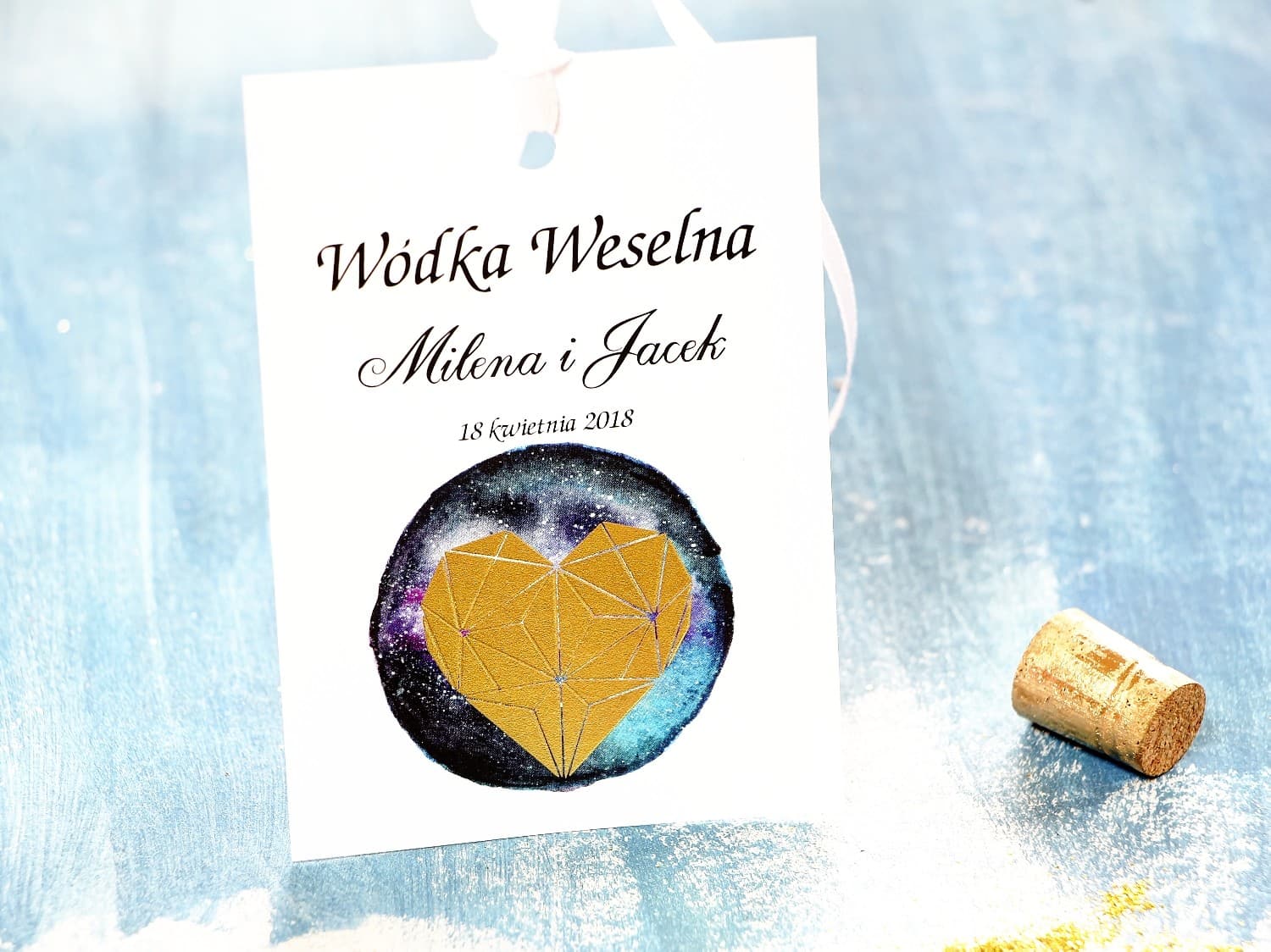 Złocone zawieszki na alkohol, geometryczne serce | Zawieszki na wódkę weselną | Księżycowa Noc nr 3