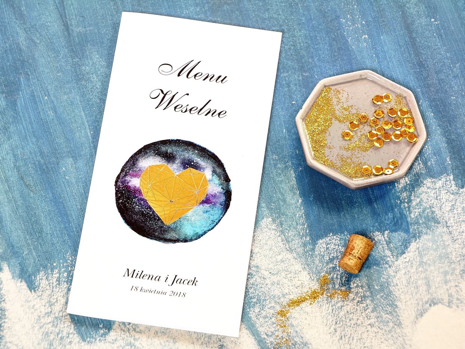 Złocone Menu Weselne Glamour z Motywem Nocnego Nieba i Serca | Menu na Stół Weselny | Księżycowa Noc nr 3