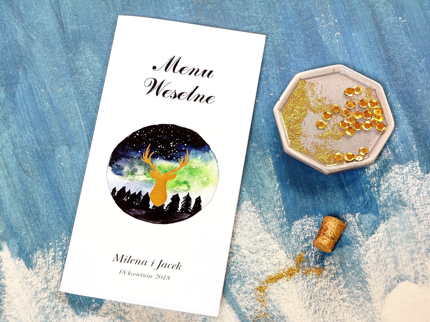 Złocone Menu Weselne z Jeleniem | Elegancka Karta Menu na Stół Weselny | Księżycowa Noc nr 7
