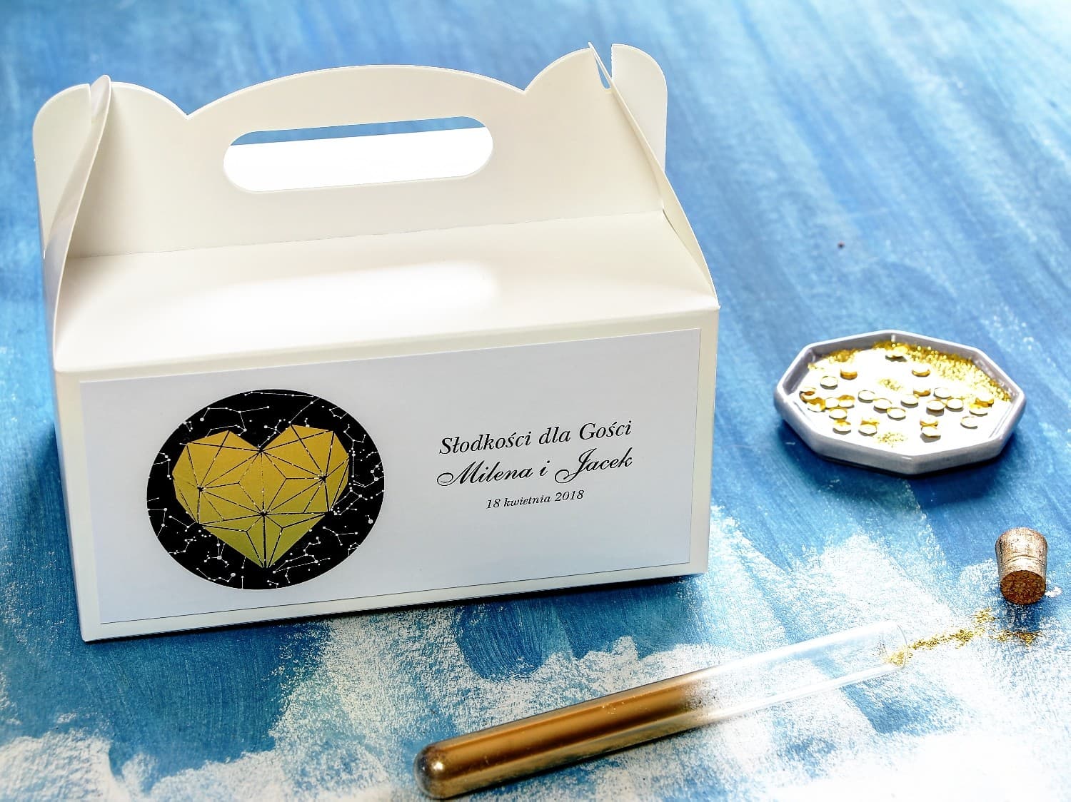 Złocone Pudełko na Ciasto Weselne z Rączką | Eleganckie Opakowanie dla Gości | Księżycowa Noc nr 2